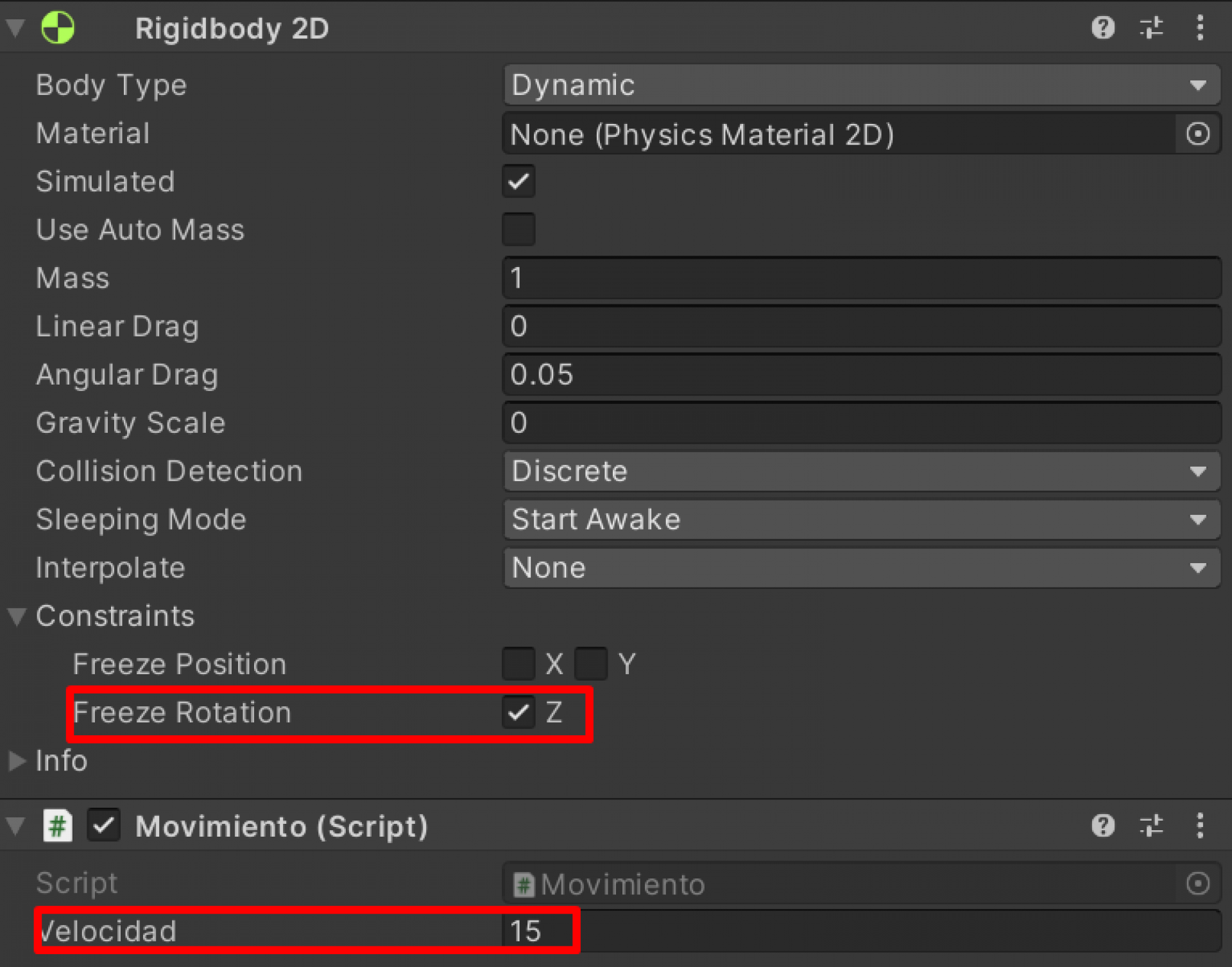 11 Unity 2D - Freeze rotation y Velocidad