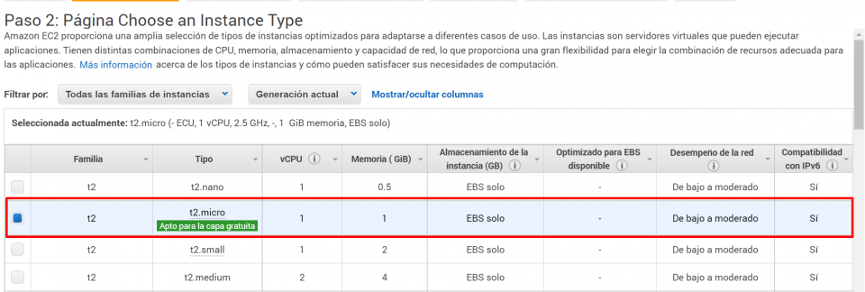 Paso 2 Choose an Instance Type