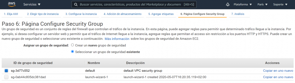 Paso 6 Página Configure Security Group